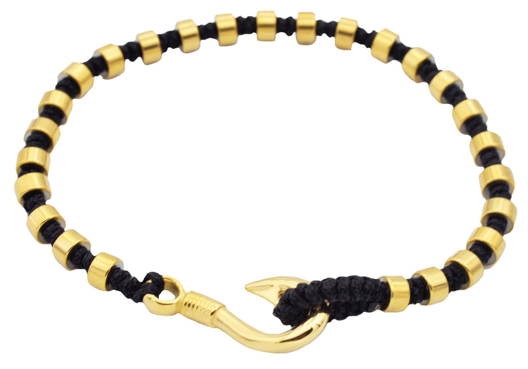 Mens Black Cotton Rope Gold Stainless Steel Hook Bracelet - Blackjack Jewelry