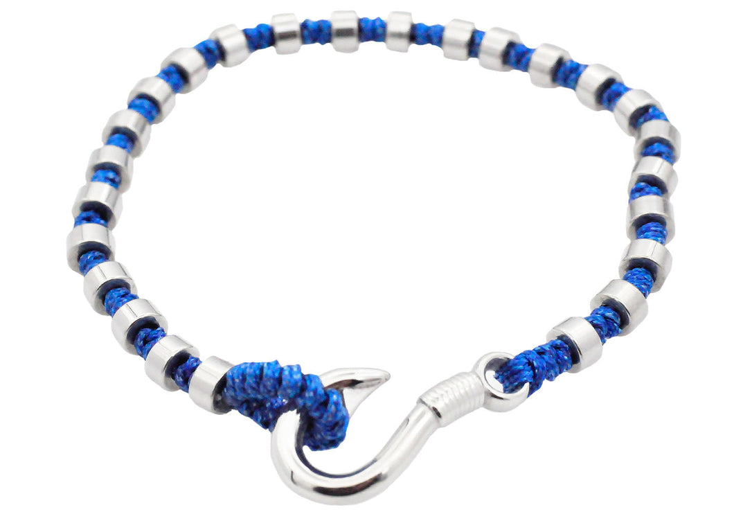 Mens Blue Cotton Rope Stainless Steel Hook Bracelet - Blackjack Jewelry