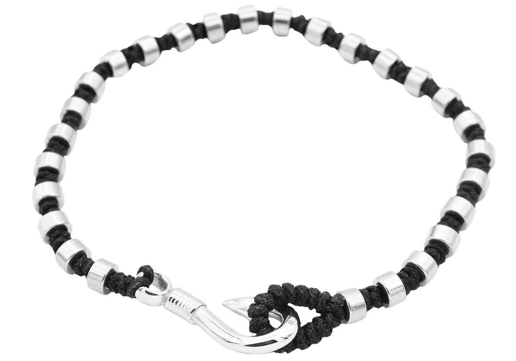 Mens Black Cotton Rope Stainless Steel Hook Bracelet