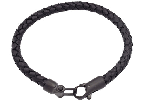 Mens Black Leather Black Stainless Steel Bracelet - Blackjack Jewelry