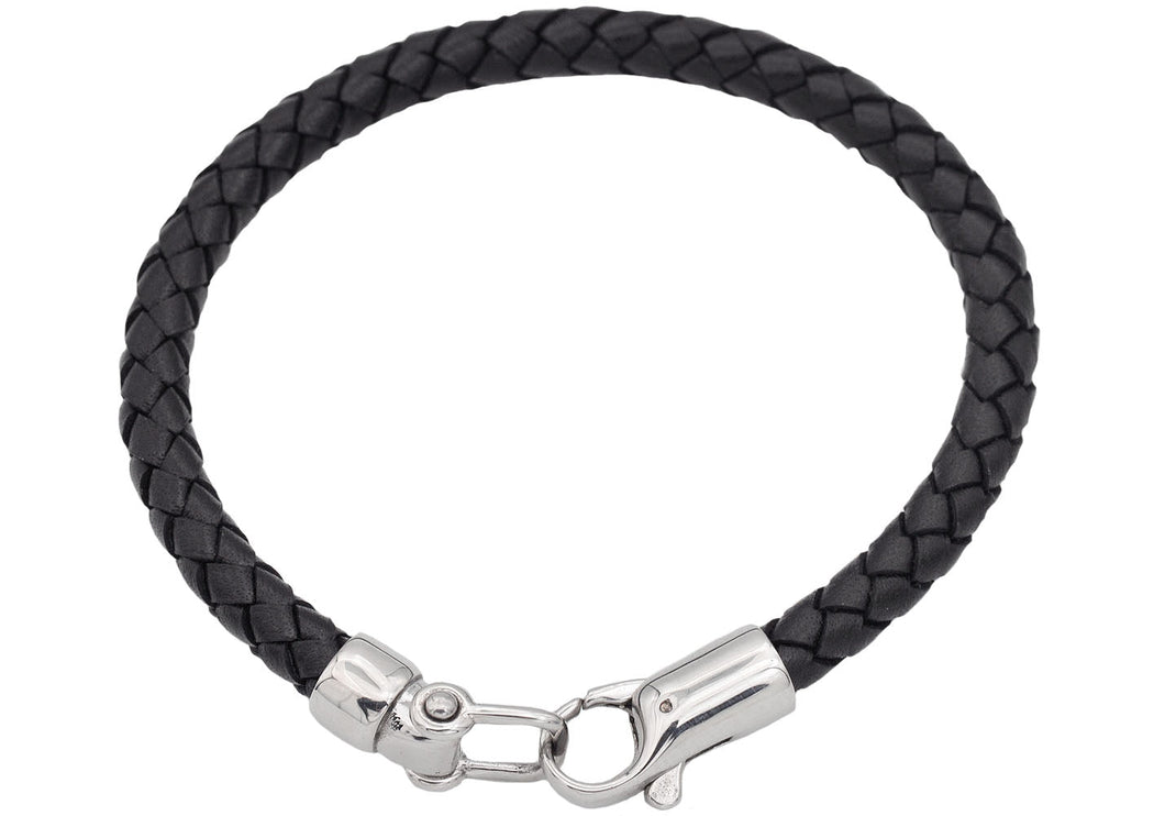 Mens Black Leather Stainless Steel Bracelet - Blackjack Jewelry