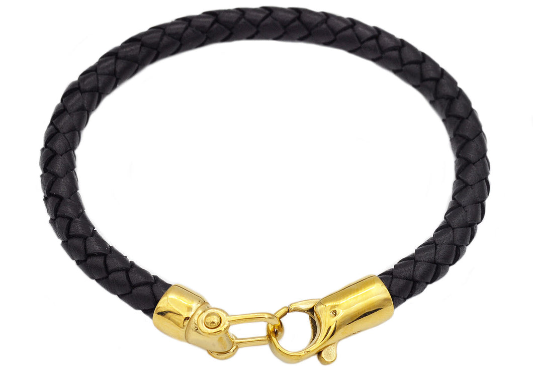 Mens Black Leather Gold Stainless Steel Bracelet - Blackjack Jewelry