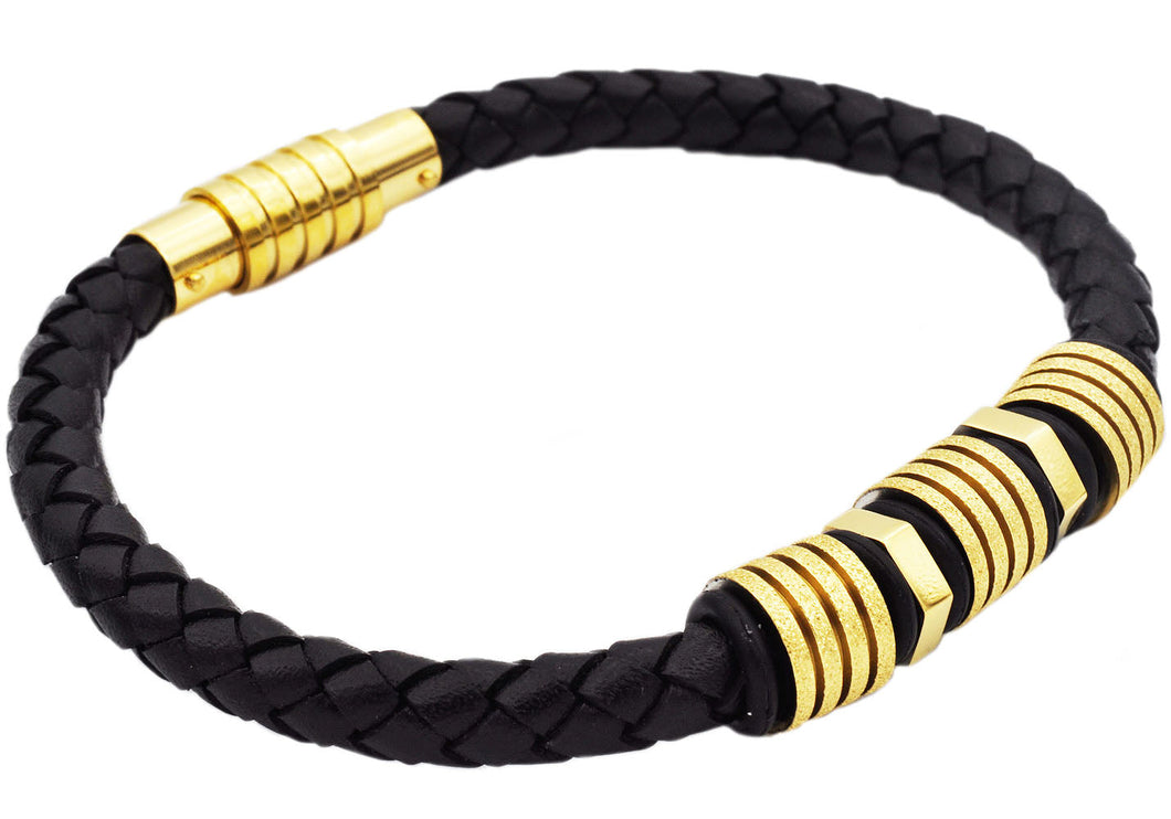 Mens Black Leather Sandblasted Gold Stainless Steel Bracelet - Blackjack Jewelry