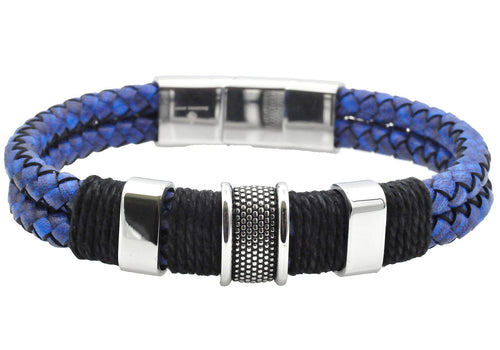 Mens Double Strand Genuine Blue Distressed Leather Stainless Steel Bracelet - Blackjack Jewelry