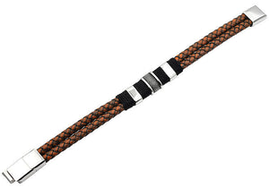 Mens Double Strand Genuine Brown Distressed Leather Stainless Steel Bracelet - Blackjack Jewelry