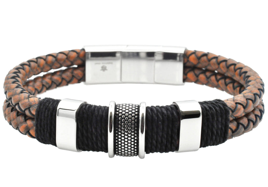 Mens Double Strand Genuine Brown Distressed Leather Stainless Steel Bracelet - Blackjack Jewelry