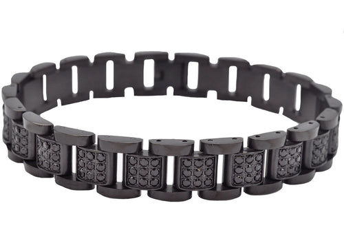 Mens Black Stainless Steel Link Bracelet With Black Cubic Zirconia - Blackjack Jewelry