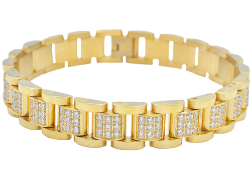 Mens Gold Stainless Steel Link Bracelet With Cubic Zirconia - Blackjack Jewelry