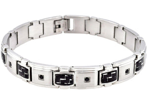 Mens Black Carbon Fiber Stainless Steel Bracelet With Black Cubic Zirconia - Blackjack Jewelry