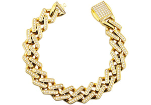 Mens Gold Stainless Steel 14mm Monaco Link Chain Bracelet With Cubic Zirconia - Blackjack Jewelry