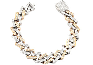 Mens Two-Toned Gold and Rose Stainless Steel 14mm Monaco Link Chain Bracelet With Cubic Zirconia - Blackjack Jewelry