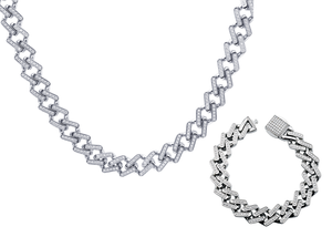 Mens Monaco Link Stainless Steel Bracelet & Necklace Chain Set With Cubic Zirconia - Blackjack Jewelry