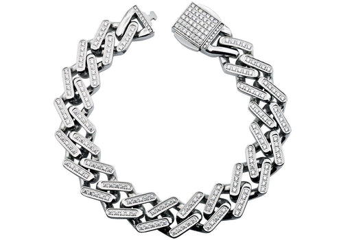 Mens Stainless Steel 14mm Monaco Link Chain Bracelet With Cubic Zirconia - Blackjack Jewelry