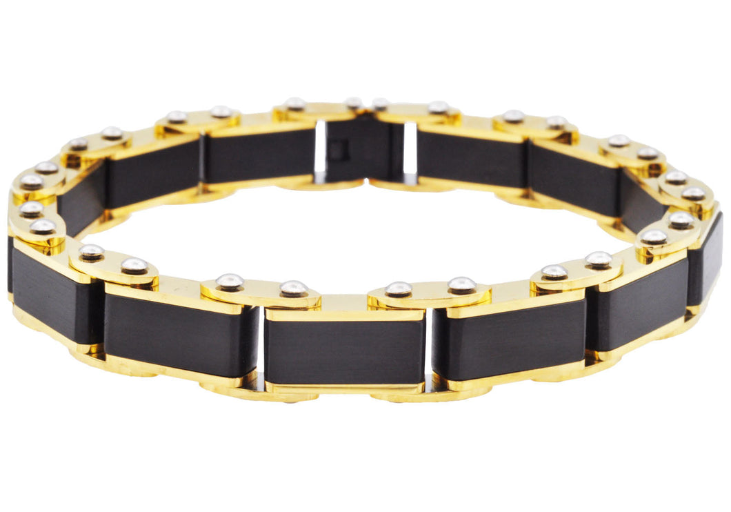 Mens Two Tone Black And Gold Stainless Steel Bracelet With Pins - Blackjack Jewelry
