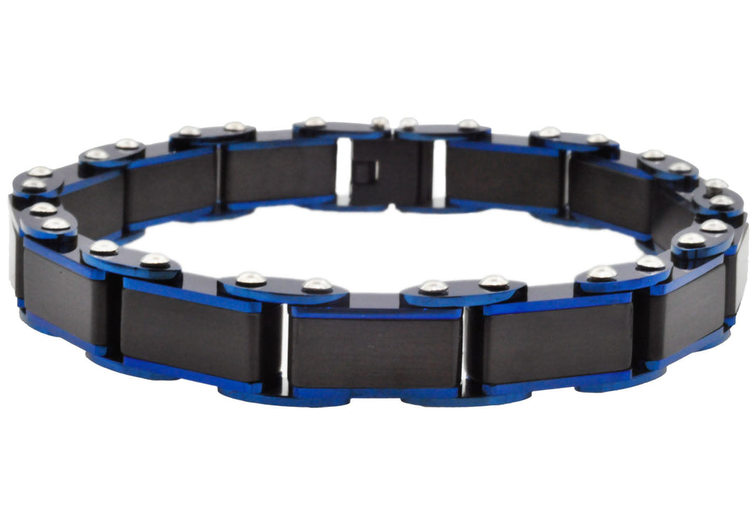 Mens Two Tone Black And Blue Stainless Steel Bracelet With Pins - Blackjack Jewelry
