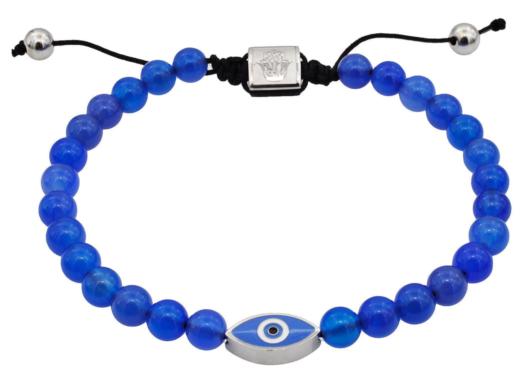 Mens Genuine Blue Agate 6mm Bead Stainless Steel Drawstring Evil Eye Bracelet - Blackjack Jewelry