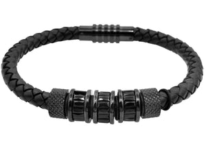 Mens Black Leather Black Stainless Steel Bracelet With Black Crystal - Blackjack Jewelry