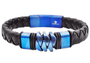 Mens Genuine Black Leather Blue Stainless Steel Bracelet - Blackjack Jewelry