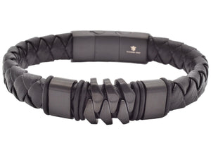 Mens Genuine Black Leather Black Stainless Steel Bracelet - Blackjack Jewelry