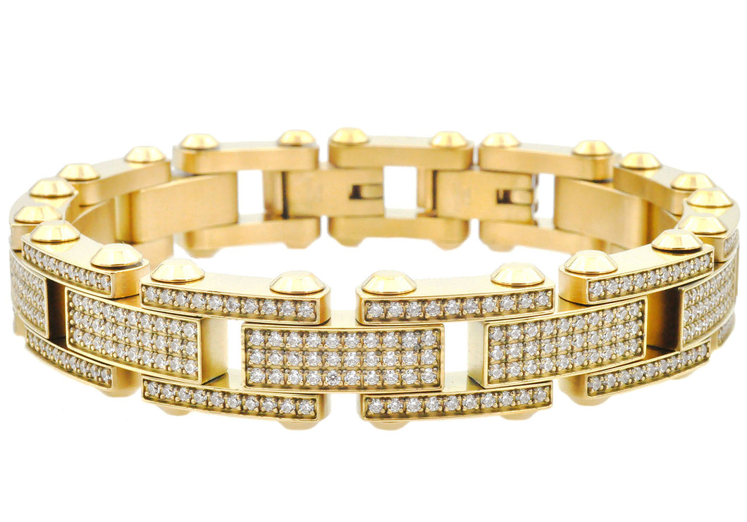Mens Gold Stainless Steel Link Bracelet With Cubic Zirconia - Blackjack Jewelry