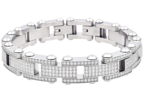 Mens Stainless Steel Link Bracelet With Cubic Zirconia - Blackjack Jewelry