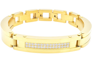 Mens Gold Stainless Steel Link Bracelet With Cubic Zirconia - Blackjack Jewelry