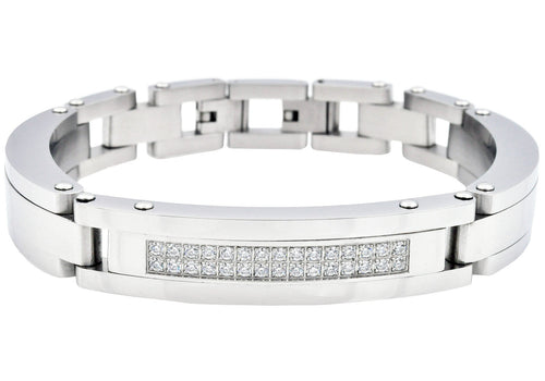 Mens Stainless Steel Link Bracelet With Cubic Zirconia - Blackjack Jewelry