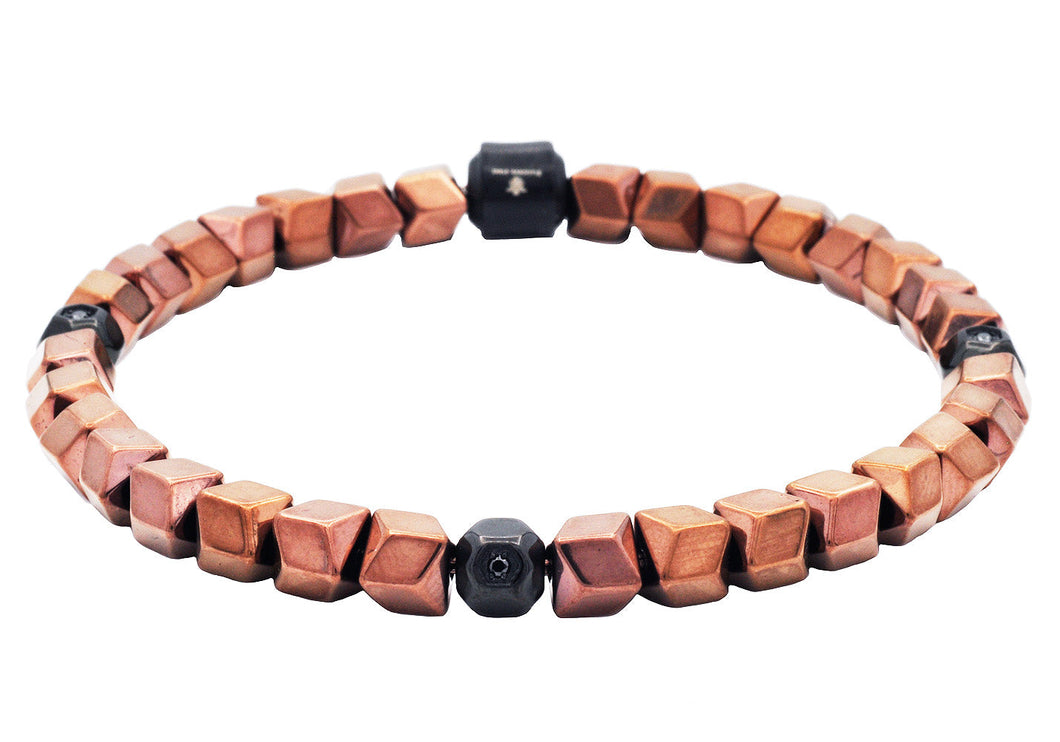 Mens Chocolate Bead Stainless Steel Bracelet with Black Cubic Zirconia