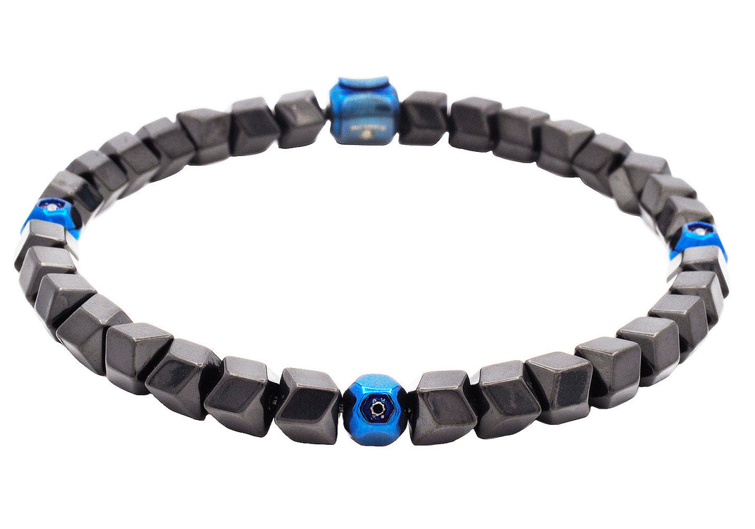 Mens Black and Blue Bead Stainless Steel Bracelet with Black Cubic Zirconia