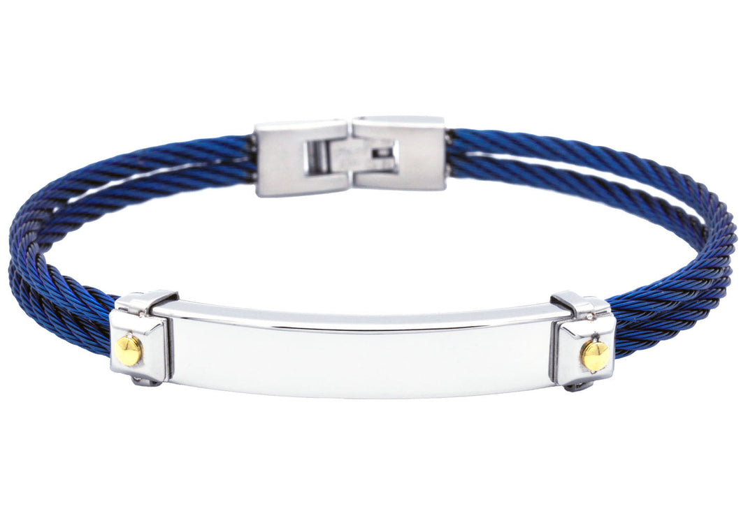 Mens Blue Stainless Steel Engravable Cable Bracelet - Blackjack Jewelry