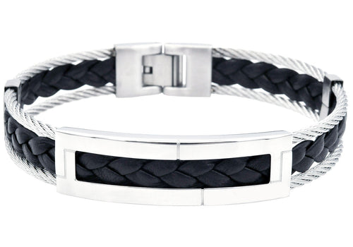 Mens Stainless Steel Black Leather Bracelet with Rope Cables - Blackjack Jewelry