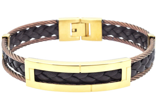 Mens Gold Stainless Steel Brown Leather Bracelet with Rope Cables - Blackjack Jewelry