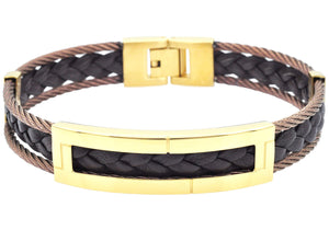 Mens Gold Stainless Steel Brown Leather Bracelet with Rope Cables - Blackjack Jewelry