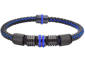 Mens Two-Tone Black and Blue Leather Stainless Steel Bracelet - Blackjack Jewelry