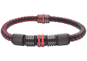 Mens Two-Tone Black and Red Leather Stainless Steel Bracelet