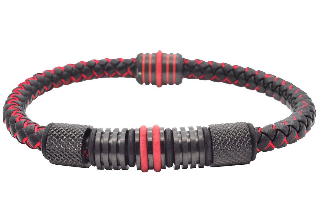Men's Two-Tone Black and Red Leather Bracelet