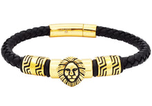 Load image into Gallery viewer, Mens Lion&#39;s Head Black Leather Gold Stainless Steel Bracelet - Blackjack Jewelry
