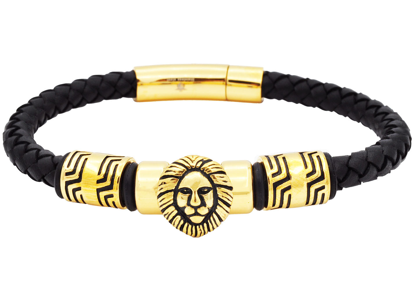 Mens Lion's Head Black Leather Gold Stainless Steel Bracelet