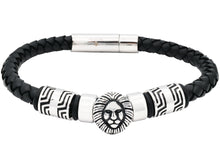 Load image into Gallery viewer, Mens Lion&#39;s Head Black Leather Stainless Steel Bracelet - Blackjack Jewelry
