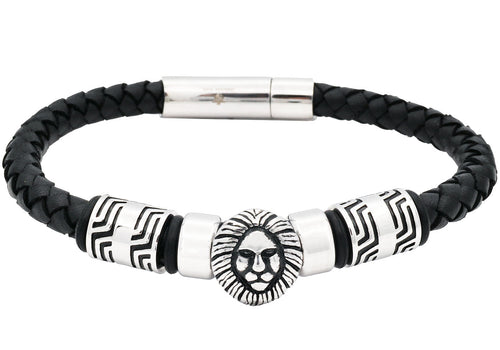 Mens Lion's Head Black Leather Stainless Steel Bracelet - Blackjack Jewelry