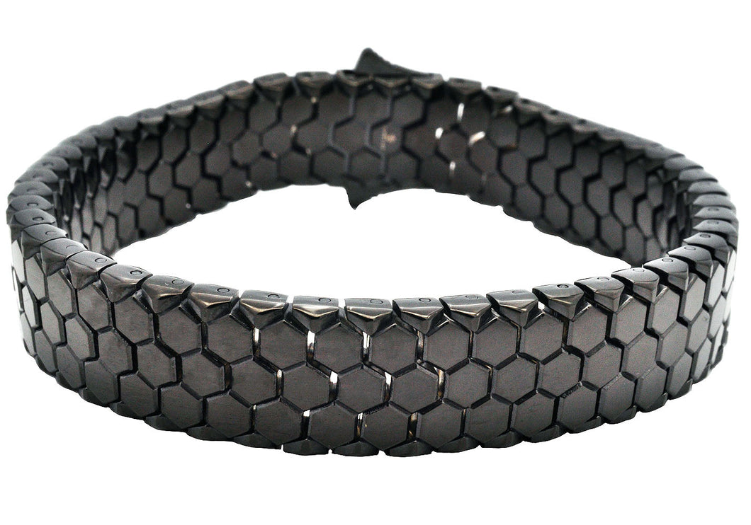 Mens Honey Comb Texture Black Plated Stainless Steel Bracelet - Blackjack Jewelry