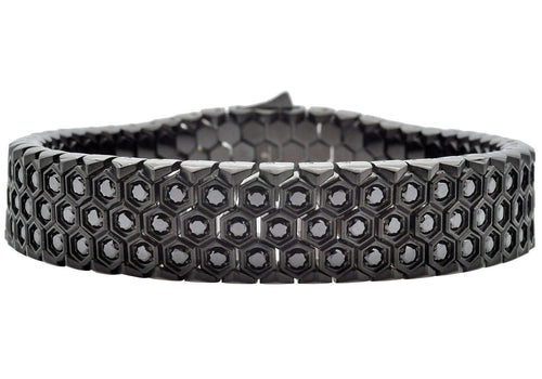 Mens Honey Comb Texture Black Plated Stainless Steel Bracelet with Cubic Zirconia - Blackjack Jewelry