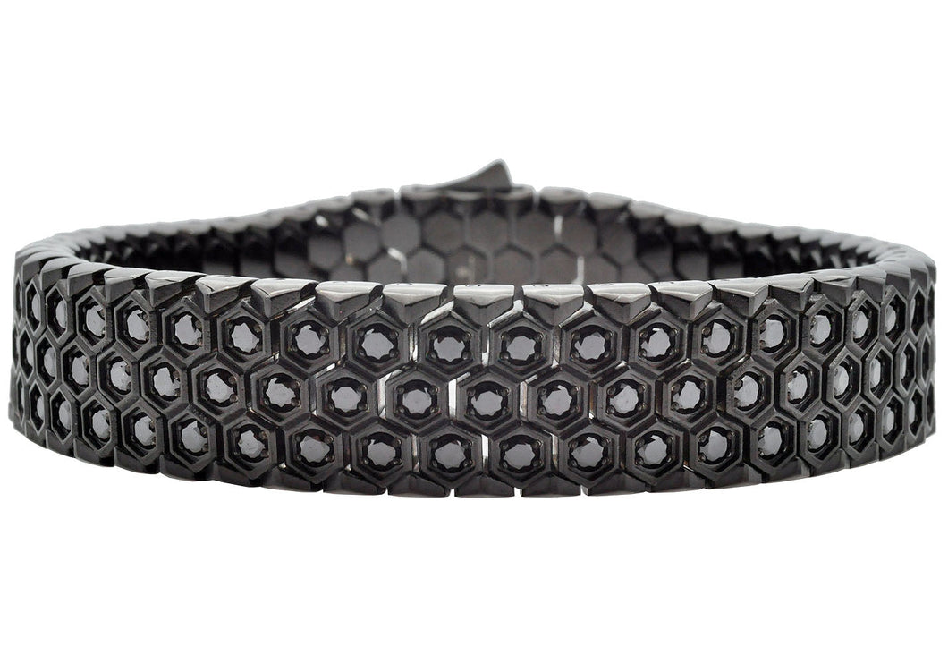 Mens Honey Comb Texture Black Plated Stainless Steel Bracelet with Cubic Zirconia - Blackjack Jewelry