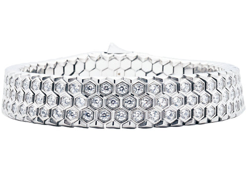 Mens Honey Comb Texture Stainless Steel Bracelet with Cubic Zirconia - Blackjack Jewelry