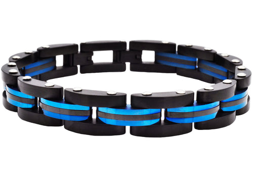 Mens Two Toned Striped Black and Blue Stainless Steel Bracelet - Blackjack Jewelry