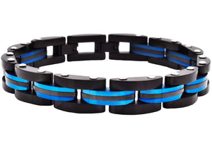 Mens Two Toned Striped Black and Blue Stainless Steel Bracelet - Blackjack Jewelry