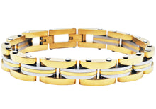 Load image into Gallery viewer, Mens Two Toned Striped Gold and Stainless Steel Bracelet - Blackjack Jewelry
