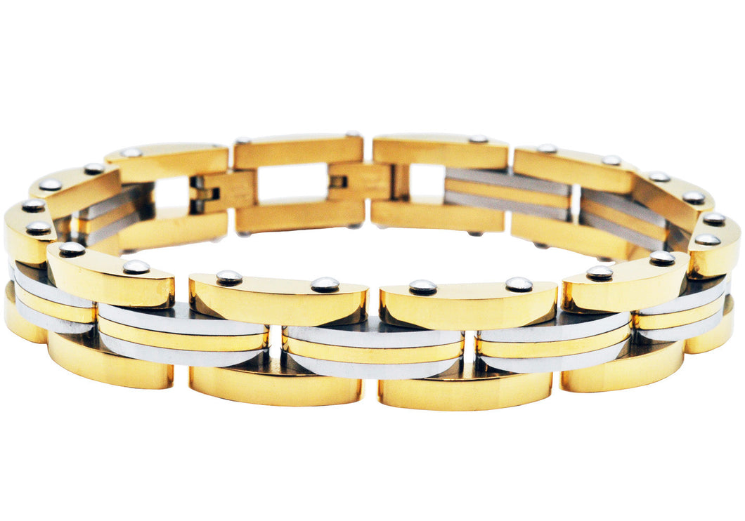 Mens Two Toned Striped Gold and Stainless Steel Bracelet - Blackjack Jewelry