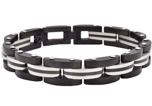 Mens Two Toned Striped Black Stainless Steel Bracelet - Blackjack Jewelry