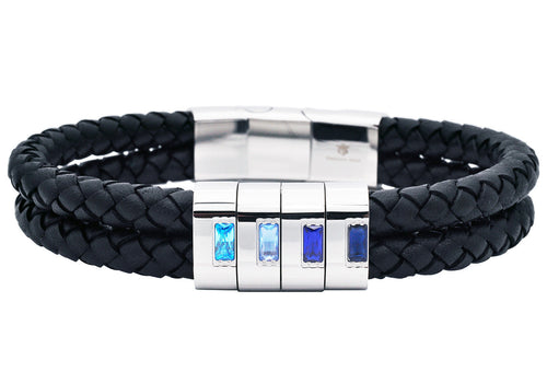 Men's Double Strand Black Leather Stainless Steel Bracelet With Blue Cubic Zirconia - Blackjack Jewelry